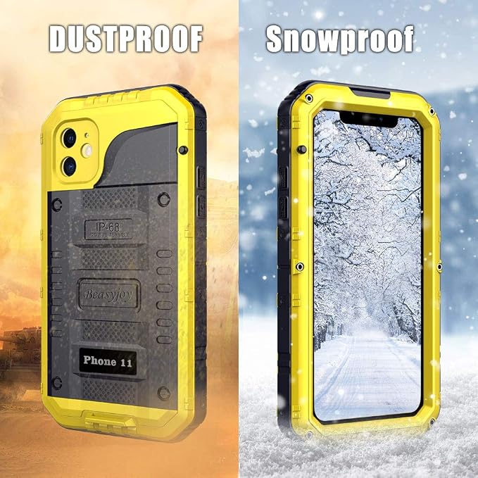 Beasyjoy Waterproof iPhone 11 Case - Metal Military Grade Defender with Built-in Screen Protector, Heavy Duty Rugged Shockproof Underwater Case (Yellow)