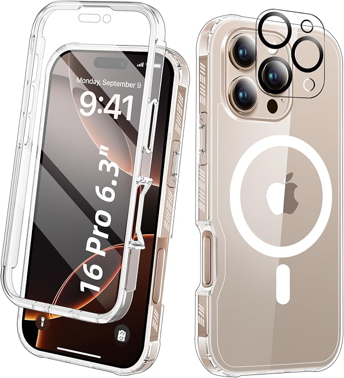 Compatible with iPhone 16 Pro Case Clear, Built-in Screen Protector, with Camera Lens Protector, [Compatible with MagSafe] Full Body Phone Case, Protective Cover for 16Pro 6.3" (Clear)