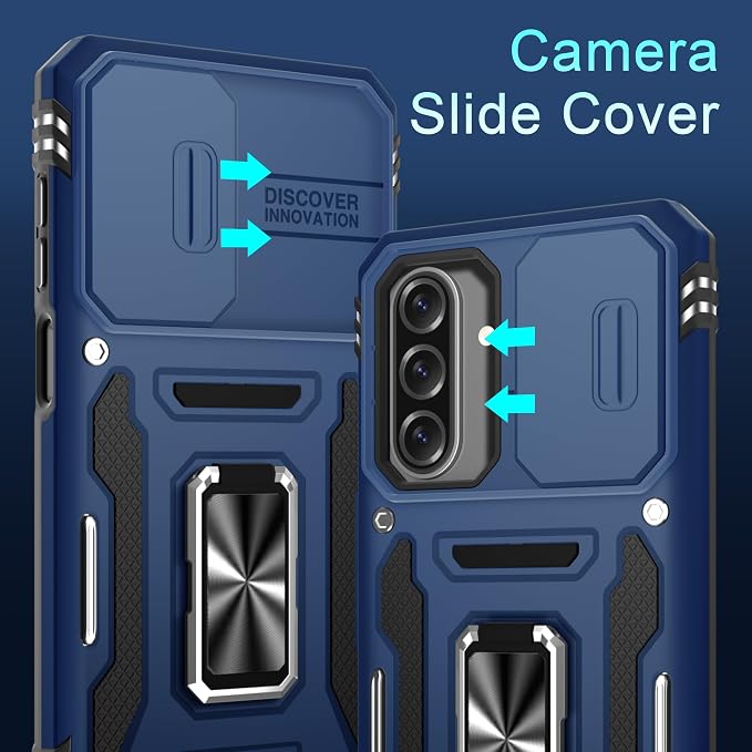 DEERLAMN Case for Samsung Galaxy A17 5G with Slide Camera Cover+Screen Protector (1 Pack), Rotated Ring Kickstand Military Grade Shockproof Protective Cover-Navy Blue