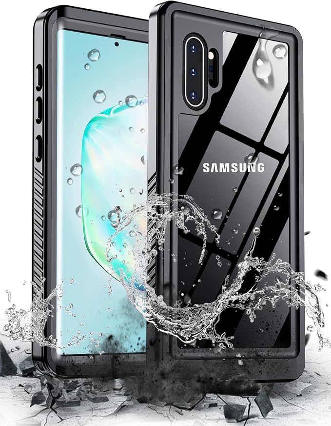 Hualele for Samsung Galaxy Note 10 Plus Case Waterproof, Built in Lens & Screen Protector Rugged Full Body Protective Military Grade IP68 Underwater Cover Case for Galaxy Note 10+ Plus Black