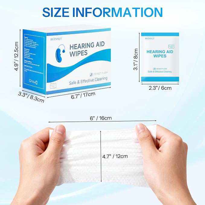 Hearing Aid Cleaning Wipes, Alcohol-Free Individually Wrapped Towelettes for Hearing Aids, Earbuds, Earphones, Headphones & Electronic Devices – Removes Earwax & Dust – Large 4.7" x 6" – 100 Count