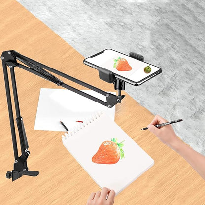 Overhead Tripod Mount for Camera Webcam Ring Light, Over Head Articulating Arm with Phone Holder and Ball Head, Desktop Suspension Scissor Accessory for Live Streaming,Video Recording
