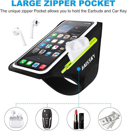 Cell Phone Running Armband with Zipper Pocket Armband Case Running Holder for iPhone 16 Pro Max/15/14 Pro Max/13/12 /11 Pro Max/XS/XR,Galaxy S20 S10,Sweatproof Arm Band with Card/Key Bag