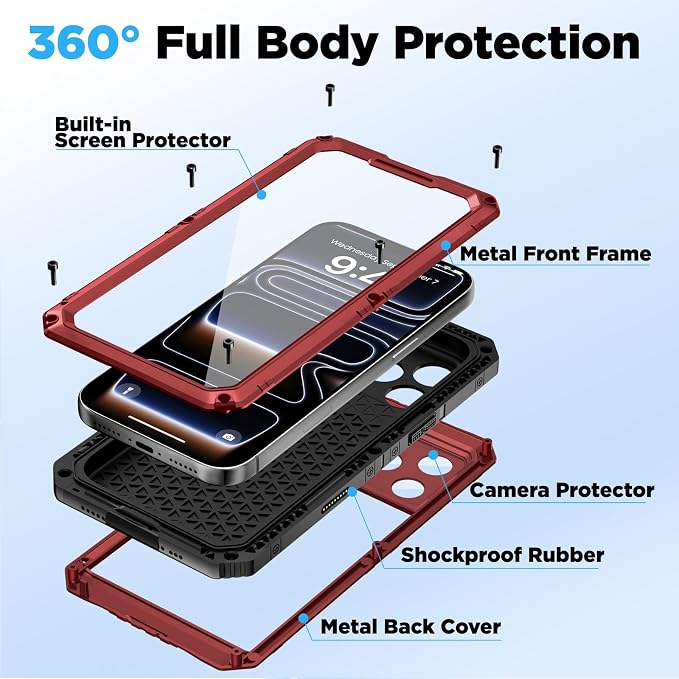 Beasyjoy for iPhone 17 Pro Case Waterproof, Heavy Duty Metal Full Body Protection, Built-in Screen Protector, Military Grade Shockproof Dustproof Rugged Cover for iPhone 17 Pro 6.3", Red