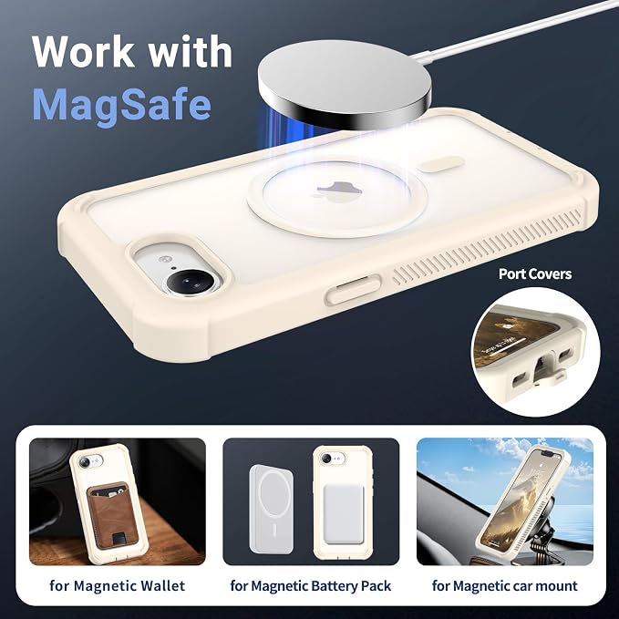 jaroco Magnetic for iPhone 17e Case& iPhone 16e Case,[Compatible with MagSafe][Military Grade Drop Protection][Heavy Duty Protection][Non-Slip][Shockproof]2-Layer Bumper Phone Case 6.1''-Antique White