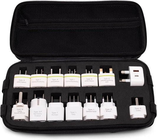 Universal Travel Plug Adapter Kit with Case – International Plug Adapter Set for Worldwide Travel – Multi Country Power Plug Kit for Europe, UK, US, Australia, Asia