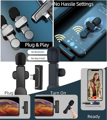 2 Pack Lavalier Microphone USB C Wireless Lav Mic for Android Phone Noise Canceling Mini Lapel Mic Type C for iPhone 15/16/17 Video Recording Vlog Tiktok
