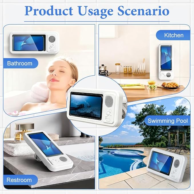 Shower Phone Holder Waterproof with Speaker and Key Control, Wall-Mounted Water Proof Anti Fog Case, Built-In Wireless Speaker, 360° Rotatable, Extendable and Adjustable, Waterproof Screen Touch