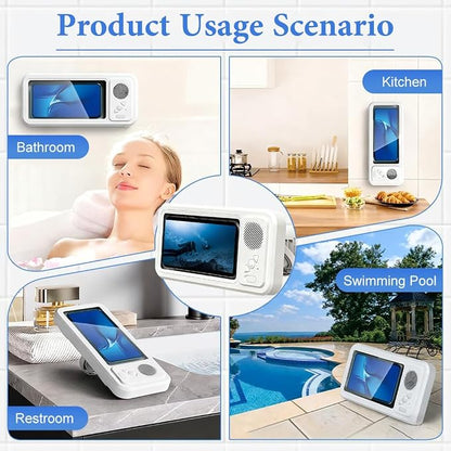 Shower Phone Holder Waterproof with Speaker and Key Control, Wall-Mounted Water Proof Anti Fog Case, Built-In Wireless Speaker, 360° Rotatable, Extendable and Adjustable, Waterproof Screen Touch