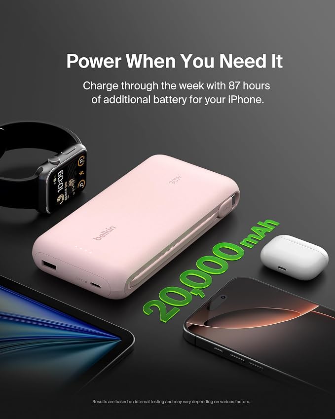 Belkin Power Bank with Integrated Cable, Fast Charging USB-C, 20000 mAh 30W, Portable Charger Power Bank USB C for iPhone 17, Air, Pro, Pro Max, iPad, AirPods, Apple Watch, Galaxy S25, & More - Pink