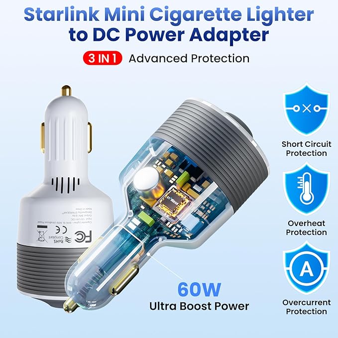 Starlink Mini Car Adapter with 10FT DC Power Cable, 12V to 24V DC Step Up Converter with Cigarette Lighter Adapter, Starlink Mini 12V Adapters for Power Supply, Ideal for RV, Boat, Trailer