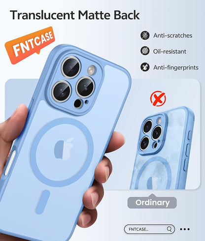 FNTCASE for iPhone 16 Pro Case: [Compatible with Magsafe] Translucent Matte Cases with [Full Camera Protection] [Screen Protector] Military Grade Shockproof Protective Phone Cover - Light Blue