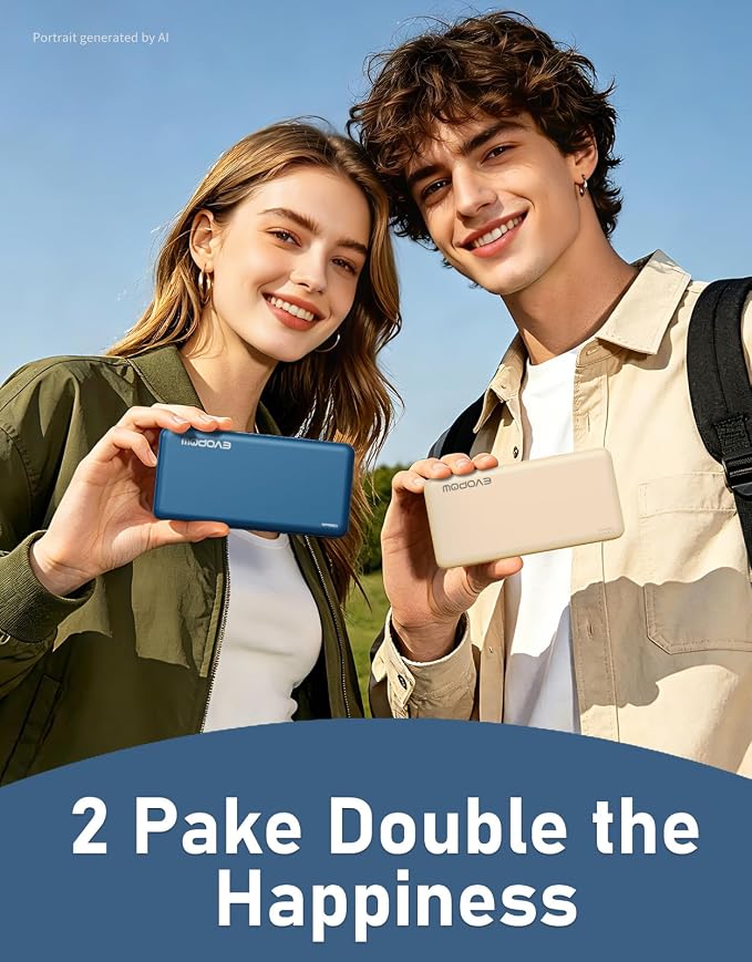 2Pack Portable Charger, 10000mAh Power Bank, Battery Pack, External Battery | Slimmer, Fast Charging, USB C in&Out, for iPhone Tablet Samsung Pixel Headphones etc (Blue&Beige)