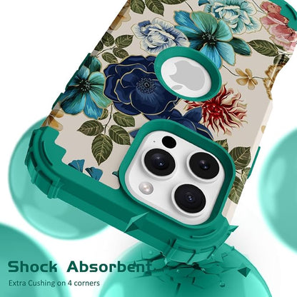 Hocase for iPhone 16 Pro Max Case, Heavy Duty Shockproof Protection Soft Silicone Rubber+Hard Plastic Bumpers Hybrid Protective Case for iPhone 16 Pro Max 2024 - Teal Flowers