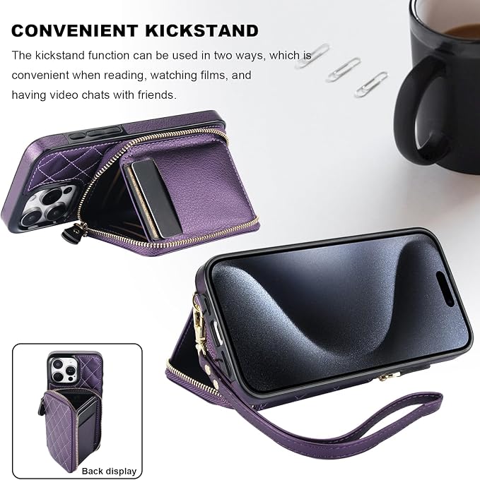 Bocasal Crossbody Wallet Case for iPhone 15 Pro Max, RFID Blocking PU Leather Zipper Handbag Purse Flip Cover, Kickstand Folio Case with Card Slots Holder Wrist Strap Lanyard 5G 6.7 Inch (Dark Purple)