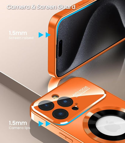 Magnetic for iPhone 15 Pro Max Case, Compatible with MagSafe, Built-in Camera Lens Protector, Logo View, Military Grade Drop Proof Phone Cover, Orange