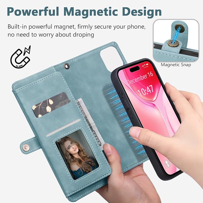 Wallet Case for iPhone 15 Plus with Card Holder/Crossbody Wallet/Strap| RFID Blocking | Magnetic | Kickstand | Detachable | PU Leather Phone Case for iPhone 15 Plus,6.7 in,Blue