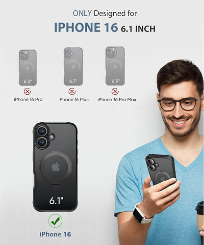 for iPhone 16 Case, with Screen Protector + Camera Lens Protector, Built-in Seamless Stand, [Compatible with MagSafe] Protective Shockproof Phone Case, Matte Back Cover for 6.1" - Black