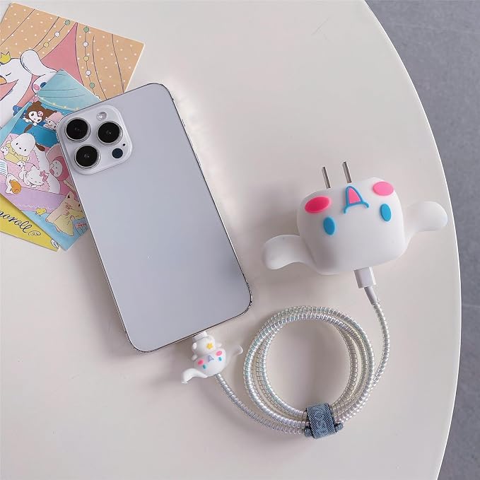 3D Cute Cartoon Charger Protector Case - Compatible for Apple 20W USB-C Power Adapter and Lightning Cable, No.12(4 in1)