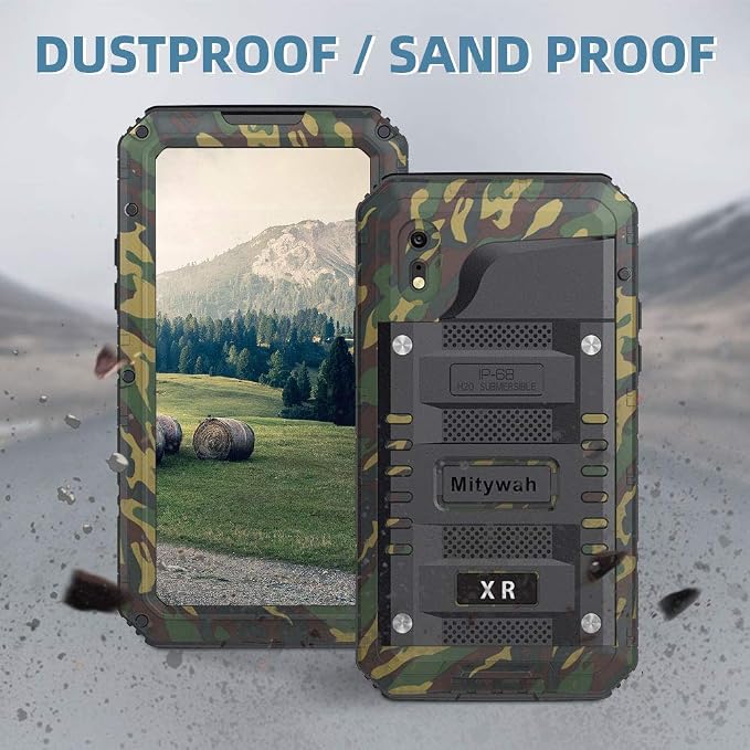 Mitywah Waterproof Case for iPhone XR, Heavy Duty Shockproof Case with Built-in Screen Protector, Full Body Underwater Protective Metal Case 6.1 inch, Camouflage