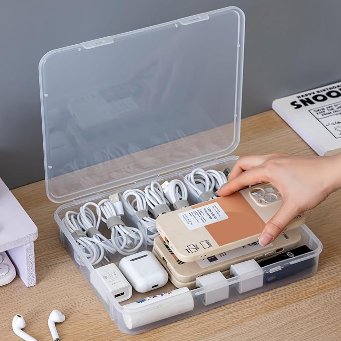 Vidifor 2-Pack Clear Cable Organizer Box with 16 Cable Ties, Portable Cord & Charger Storage for Drawer, Desk, Office & Home (2, Large)