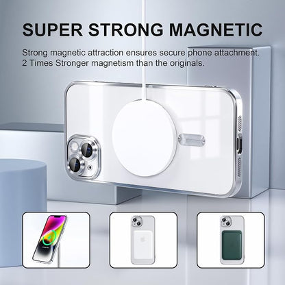 Misea Magnetic for iPhone 14 Plus Case Compatible with MagSafe [Never Yellowing] [Military Grade Drop Protection] Full Camera Lens Protector Plating Soft Clear Phone Case for Women Girls, Silver