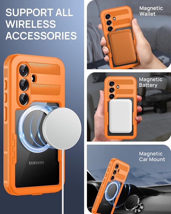 Lanhiem Magnetic for Samsung Galaxy S26 Plus Case, IP68 Waterproof Dustproof Case, [Compatible with Magsafe] [Built-in Screen Protector] Full Body Heavy Duty Rugged Phone Cover 6.7 inch, Cosmic Orange