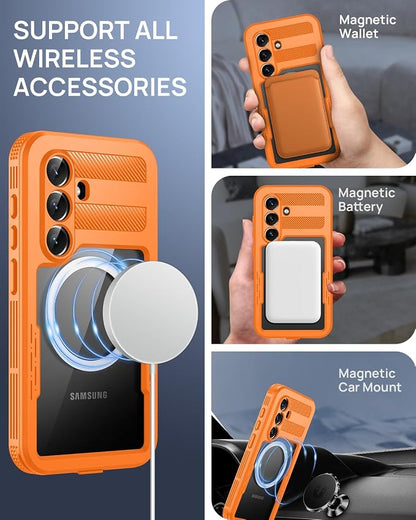 Lanhiem Magnetic for Samsung Galaxy S26 Plus Case, IP68 Waterproof Dustproof Case, [Compatible with Magsafe] [Built-in Screen Protector] Full Body Heavy Duty Rugged Phone Cover 6.7 inch, Cosmic Orange