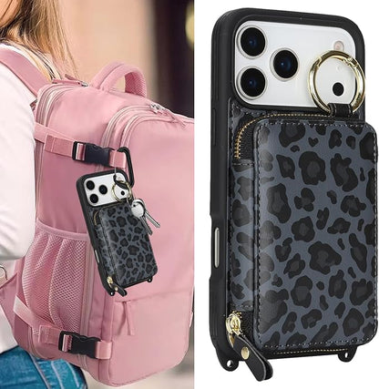 Crossbody Wallet Case for iPhone 17 Pro Max, PU Leather Zipper Handbag Purse Flip Cover, Kickstand Folio Case with Card Slots Holder Wrist Strap Lanyard 5G 6.9 Inch-Black Leopard
