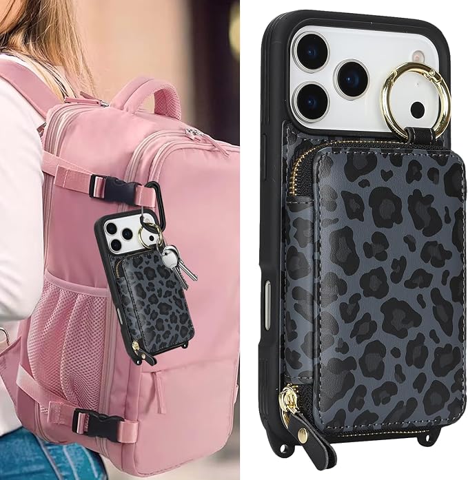 Crossbody Wallet Case for iPhone 17 Pro, PU Leather Zipper Handbag Purse Flip Cover, Kickstand Folio Case with Card Slots Holder Wrist Strap Lanyard 5G 6.3 Inch-Black Leopard