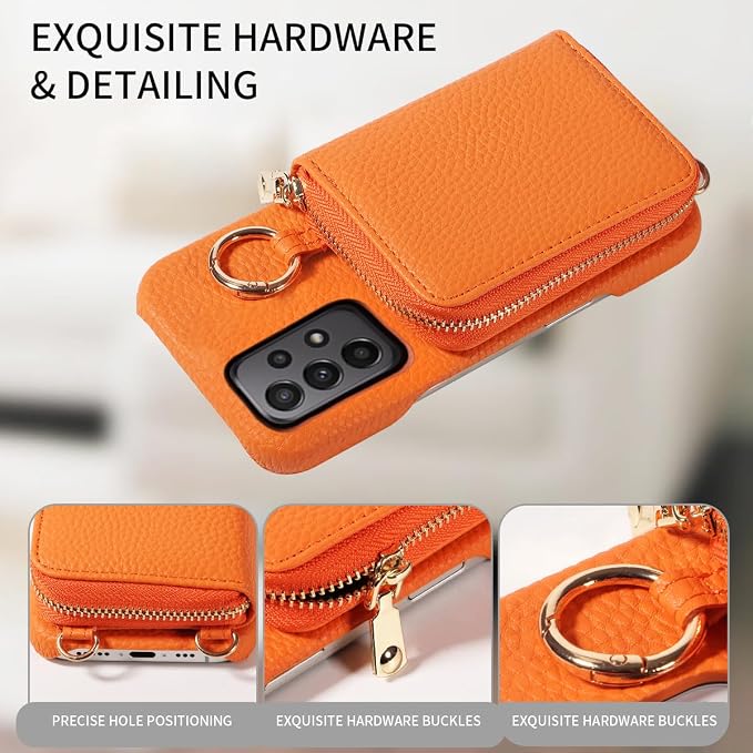 Wallet Case for Samsung Galaxy A73 5G with Shoulder Strap Ring Buckle, Luxury PU Leather Zipper Flip Organ Purse, Credit Card Holder Stand Full Body Cell Phone Cover for A 73 Women Men Orange