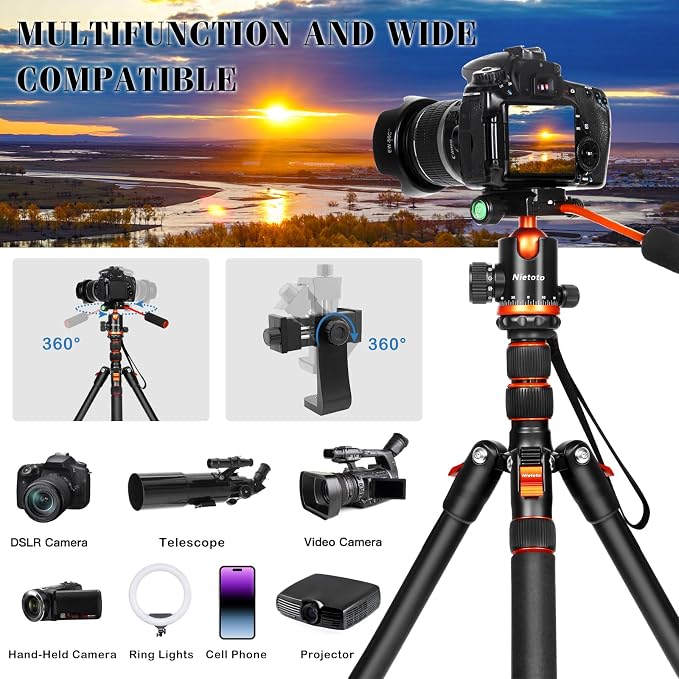 68" Ball Head Camera Tripod & Monopods, 360° Smooth Rotation V-Yoke Rifle Shooting Tripod & Hunting Stick, Heavy Duty Tripod for Camera and Outdoor Hunting with 16.5" Min Size and Carry Bag
