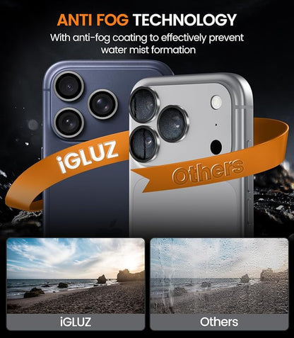 iGluz 2 Pack Anti-Reflection Camera Lens Protector for iPhone 17 Pro Max/iPhone 17 Pro [98% Transmittance][1-Step Installation][Strong Adsorption] 9H Shatterproof Tempered Glass-Black Titanium
