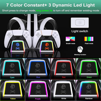 RGB Controller Charging Station for PS VR2 / PS5 / PS5 Edge with 5V/3A Adapter & 10 Led Light, Wireless Controller Charger Dock for PlayStation 5, Charging Stand with VR2 Headset Holder