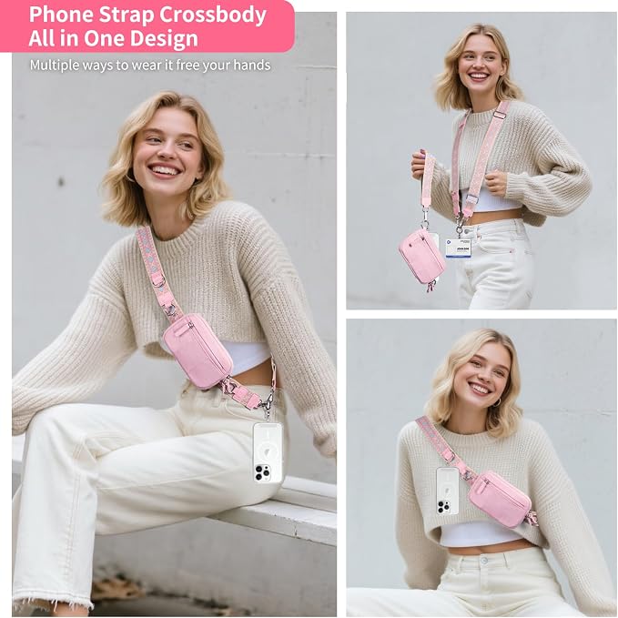 Tiostep Clip and Go Strap for Phone with Wallet Crossbody Phone Lanyard with Anti-Theft Zipper Pouch Detachable Quilted Wrist Wallet with RFID and ID Window for Daily Travel.