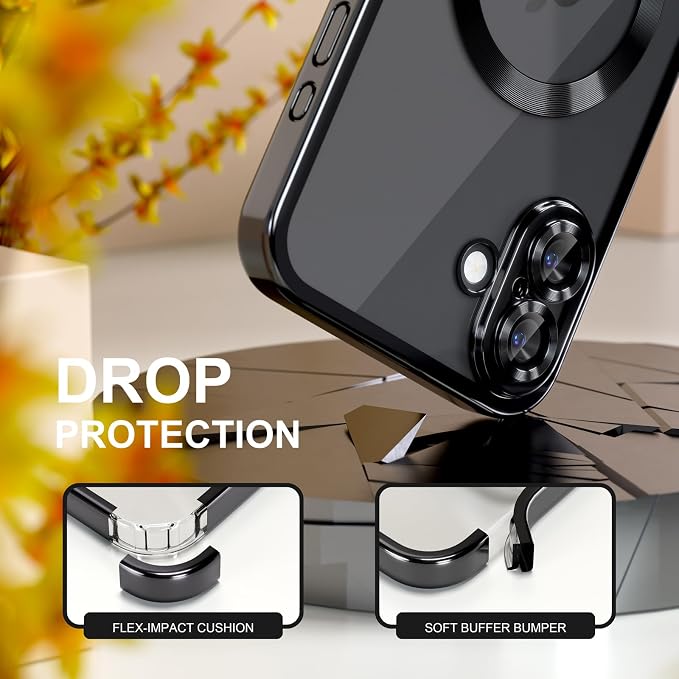 Misea Magnetic for iPhone 17 Case Compatible with MagSafe [Never Yellowing] [Military Grade Drop Protection] Full Camera Lens Protector Plating Soft Clear Phone Case for Women, Black