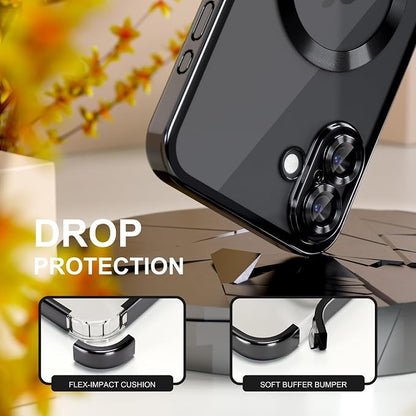 Misea Magnetic for iPhone 17 Case Compatible with MagSafe [Never Yellowing] [Military Grade Drop Protection] Full Camera Lens Protector Plating Soft Clear Phone Case for Women, Black