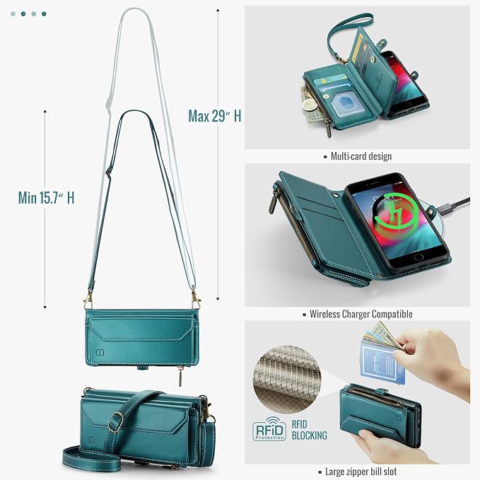 Strapurs Crossbody Wallet Case Compatible with iPhone SE/7/8 RFID Blocking 7-Card Holder Soft PU Leather Magnetic Snap Shoulder Strap Zipper Pocket Phone Cases Fit for iPhone SE 2020 2022 - Blue Green