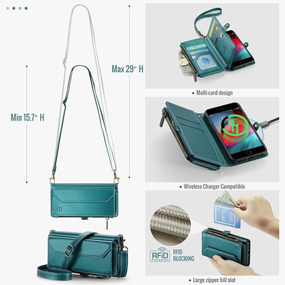 Strapurs Crossbody Wallet Case Compatible with iPhone SE/7/8 RFID Blocking 7-Card Holder Soft PU Leather Magnetic Snap Shoulder Strap Zipper Pocket Phone Cases Fit for iPhone SE 2020 2022 - Blue Green