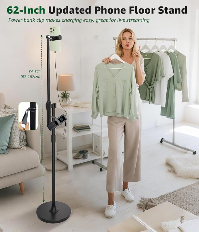 Overhead Phone Mount for Video Recording, Tall Floor Stand with Bluetooth Remote, 360° Extendable Boom Arm Tripod for Live Streaming, Art, Cooking - Fits iPhone 17 16 15 14 13 Android (Not for iPad)