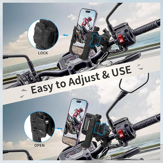 Motorcycle Ebike Phone Mount with Vibration Dampener,360°Adjustable Dual Ball Head & Anti-Shock Handlebar Holder for Bicycle Scooter ATV Fit For (5.4-7.2")iPhone 16/15/14/13 Pro Max ,Pipe Clamp, 75023