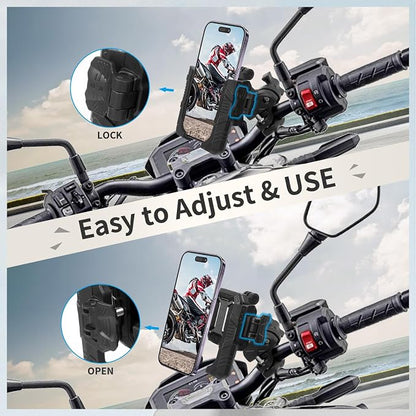 Motorcycle Ebike Phone Mount with Vibration Dampener,360°Adjustable Dual Ball Head & Anti-Shock Handlebar Holder for Bicycle Scooter ATV Fit For (5.4-7.2")iPhone 16/15/14/13 Pro Max ,Pipe Clamp, 75023