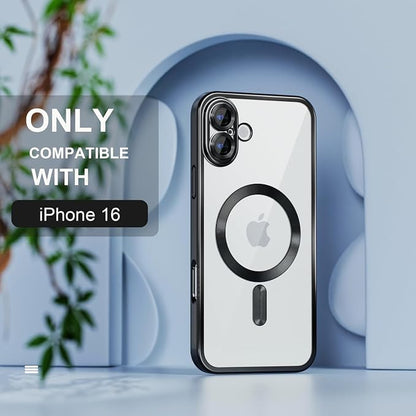 Misea Magnetic for iPhone 16 Case Compatible with MagSafe [Never Yellowing] [Military Grade Drop Protection] Full Camera Lens Protector Plating Soft Clear Phone Case for Women 6.1 inch, Black