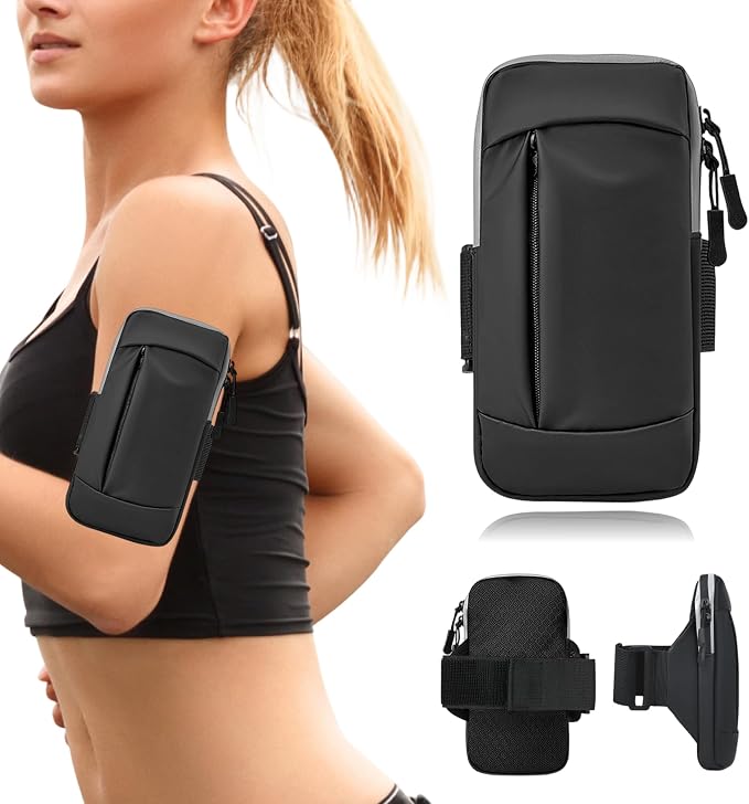 Running Armband, Adjustable Sports Band for Jogging, iPhone Workout Armband, Cell Pouch for Exercise Men Women (Leather Style in Black)