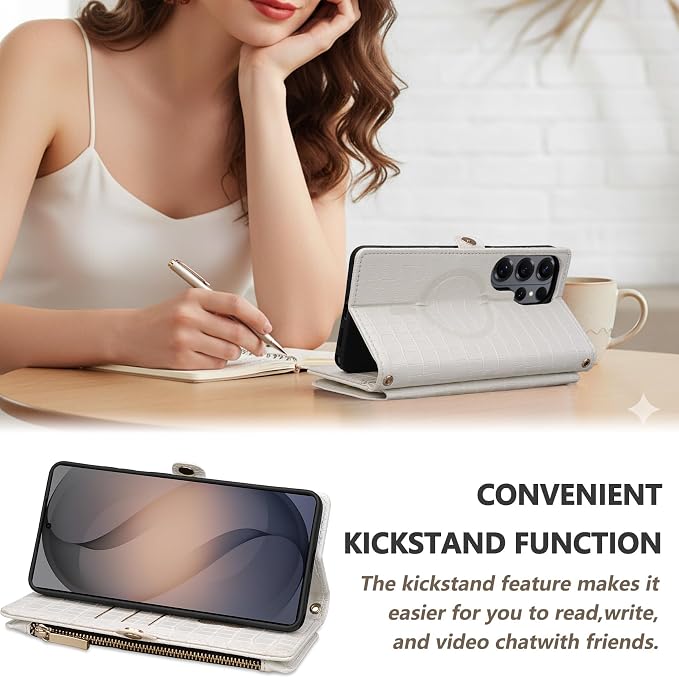 Crossbody Wallet Case for Samsung Galaxy S26 Ultra with Mirror, Wrist Strap, Zipper Purse Magnetic Flip, RFID Blocking Card Holder, PU Leather Shockproof Women (White)
