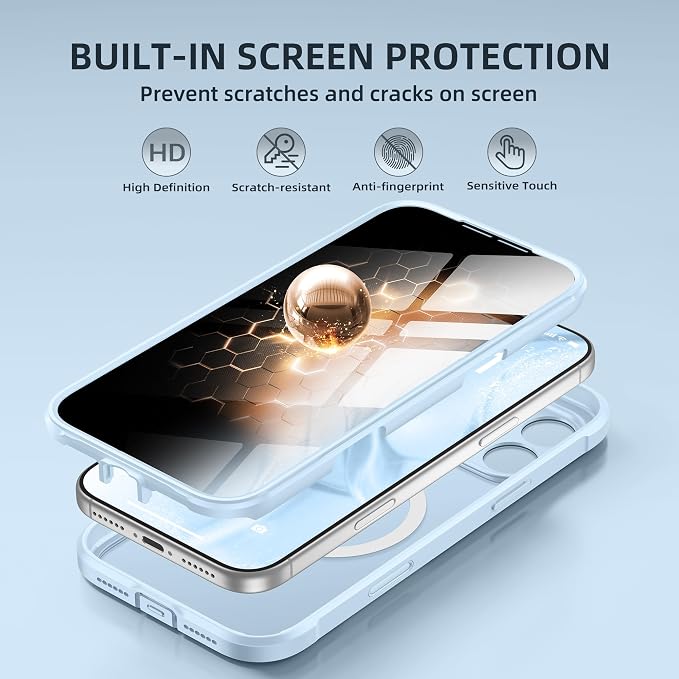 BERFY for iPhone 17 Pro Max Case, Compatible with MagSafe, Built-in Privacy Screen Protector, Camera Protection, Shockproof Full Body Phone Case 6.9", Translucent Light Blue
