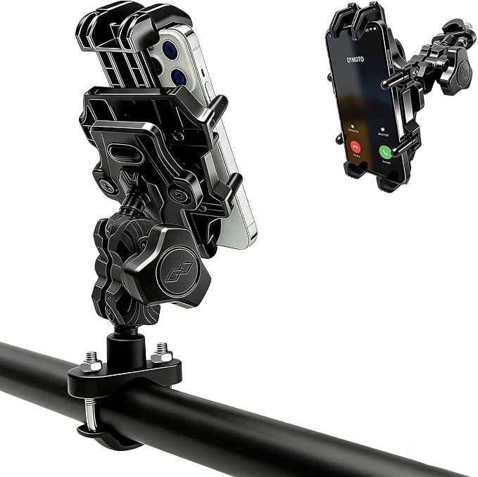 QYMOTO Motorcycle Phone Holder ATV Cell Phone Mount with Vibration Damper,Anti-Shake Sturdy for Handlebar Phone Holder ATV 4 Wheeler Dirt Bike Scooter Quad Fit 4.7"-7.1" Smart Phones 360° Rotation