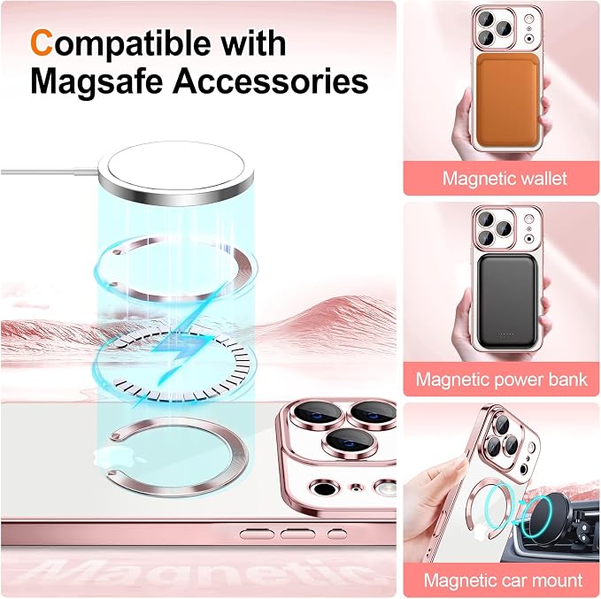 Hython for iPhone 17 Pro Max Case Glitter Clear Magnetic Phone Cases [Compatible with MagSafe] Full Camera Lens Protector Sparkle Luxury Plating Slim Shockproof Protective Cover Women, Pink