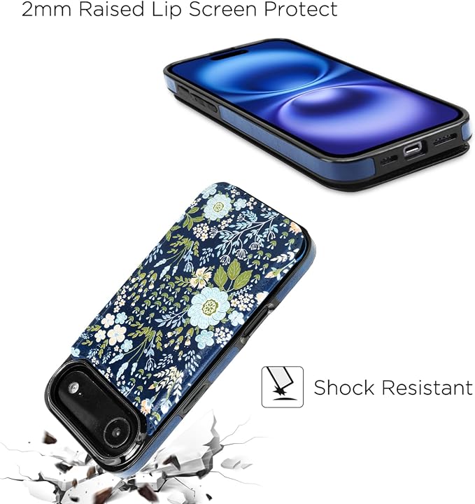 uCOLOR for iPhone 17 Air Wallet Case with Card Holder PU Leather RFID Blocking Design iPhone Air flip case for Women Men Magnetic Clasp Kickstand Design 6.5 inch (Blue Daisy)
