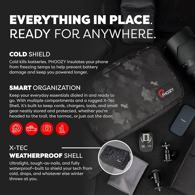 PHOOZY Tech Pouch and Cable Organizer Bag for Travel - NASA Inspired Thermal Protection with Dual Compartment Design - Weatherproof Electronics Organizer (BLACK CAMO)